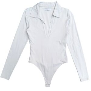 Babaton Bodysuit Contour Polo Long Sleeve Deep V White Minimalist Clean Girl S